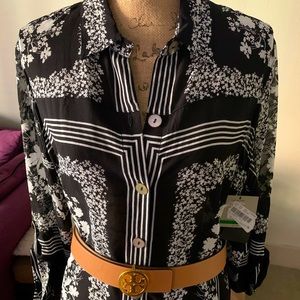 White and black Button Front Long Tassel Tunic